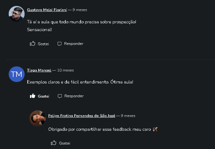 Comentários de alunos na plataforma