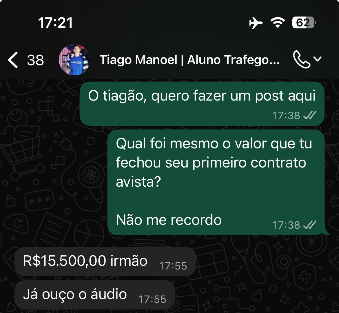 Tiago Manoel — primeiro contrato à vista de R$ 15.500