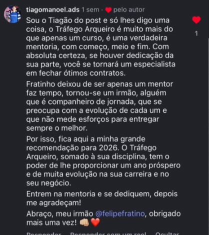 Post do Tiago Manoel recomendando o Tráfego Arqueiro